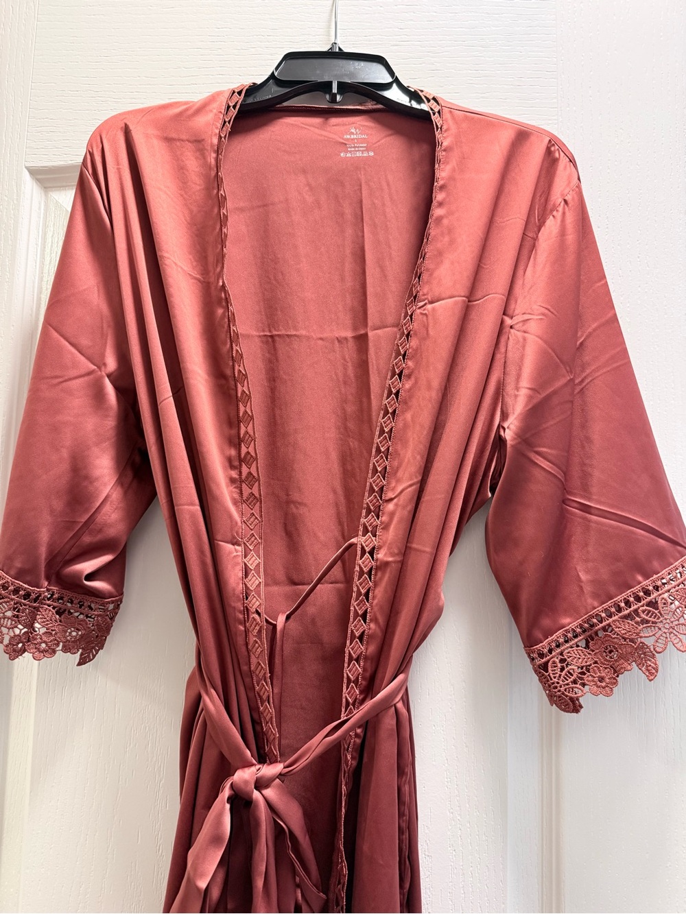 Long Satin Lace-Trim Robe in Rust - Picture 3 of 5